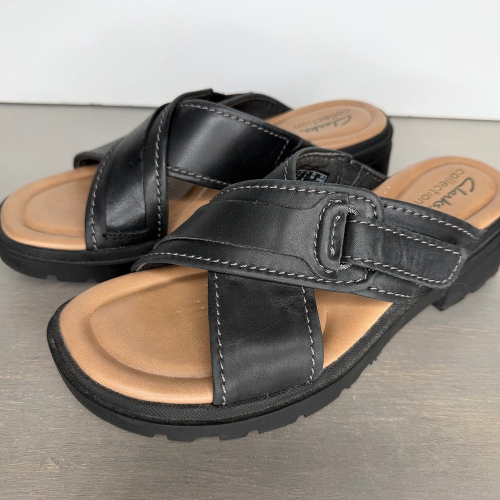 Clarks Black Leather Cross-Strap Slide Sandals Size 8